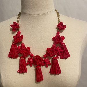 J. Crew Red Tassel Rhinestone and Bead Statement Necklace